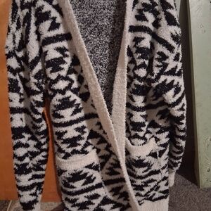 Aztec Pattern Women's Black and White Midi Cardigan Sweater